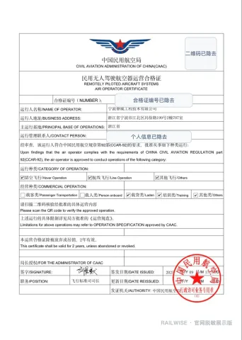 民用无人驾驶航空器运营合格证脱敏展示图