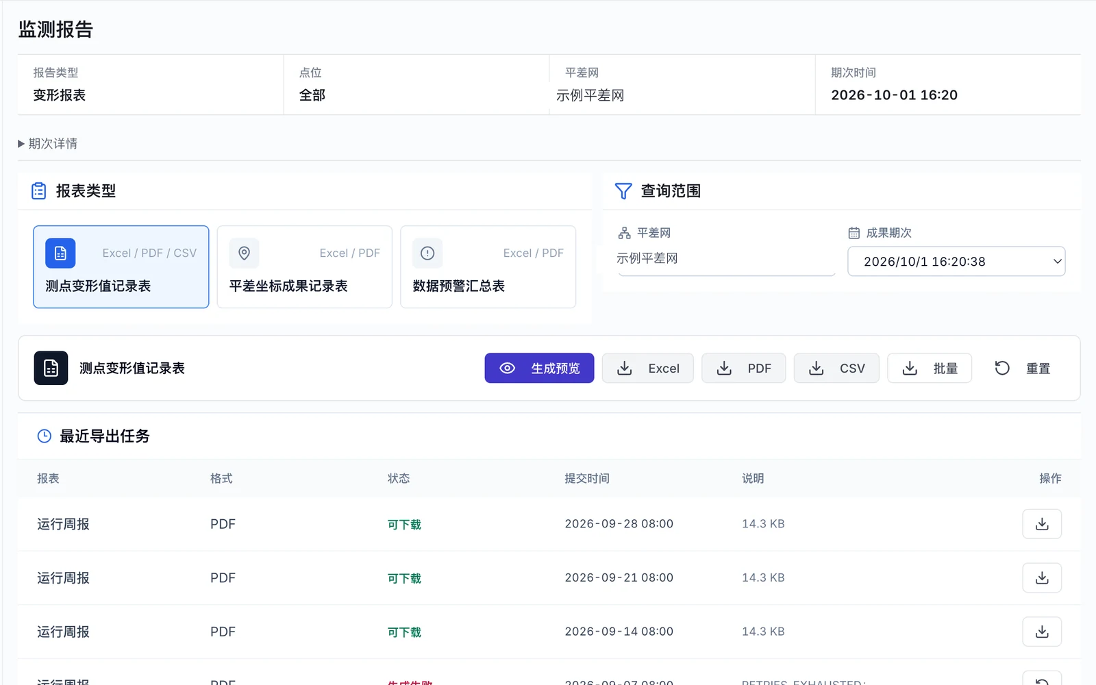 监测报告与平差成果，2026-10-01 当前系统界面，已脱敏展示