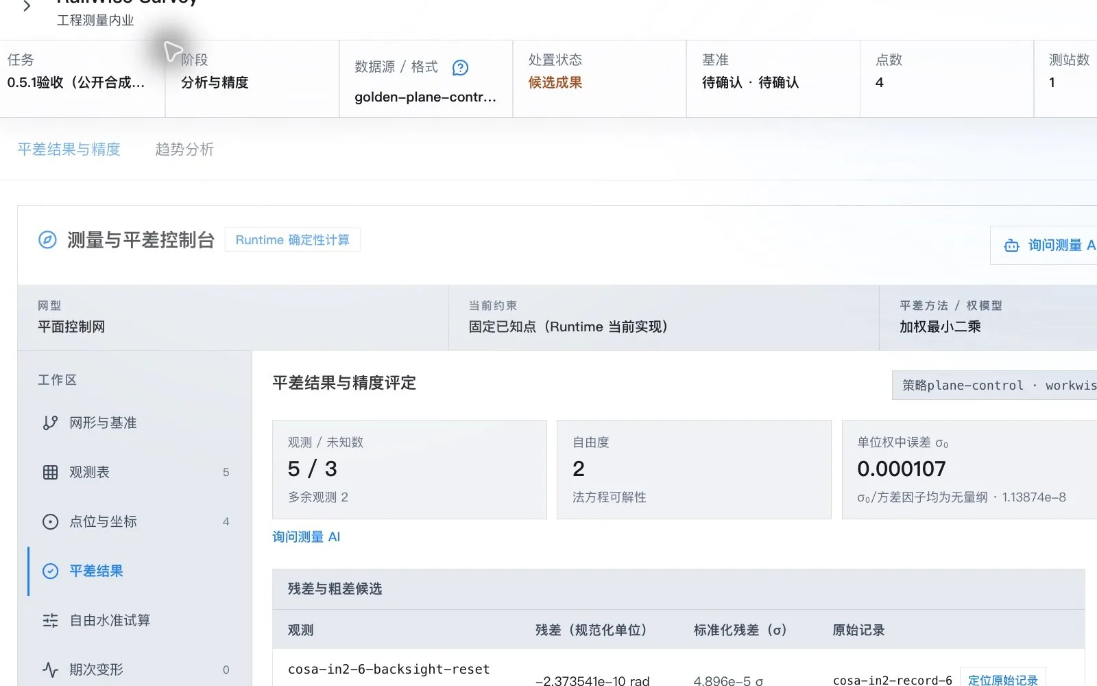 任务输入条，显示数据源格式、处置状态、基准、点数、测站数、观测数、闭合差与精度