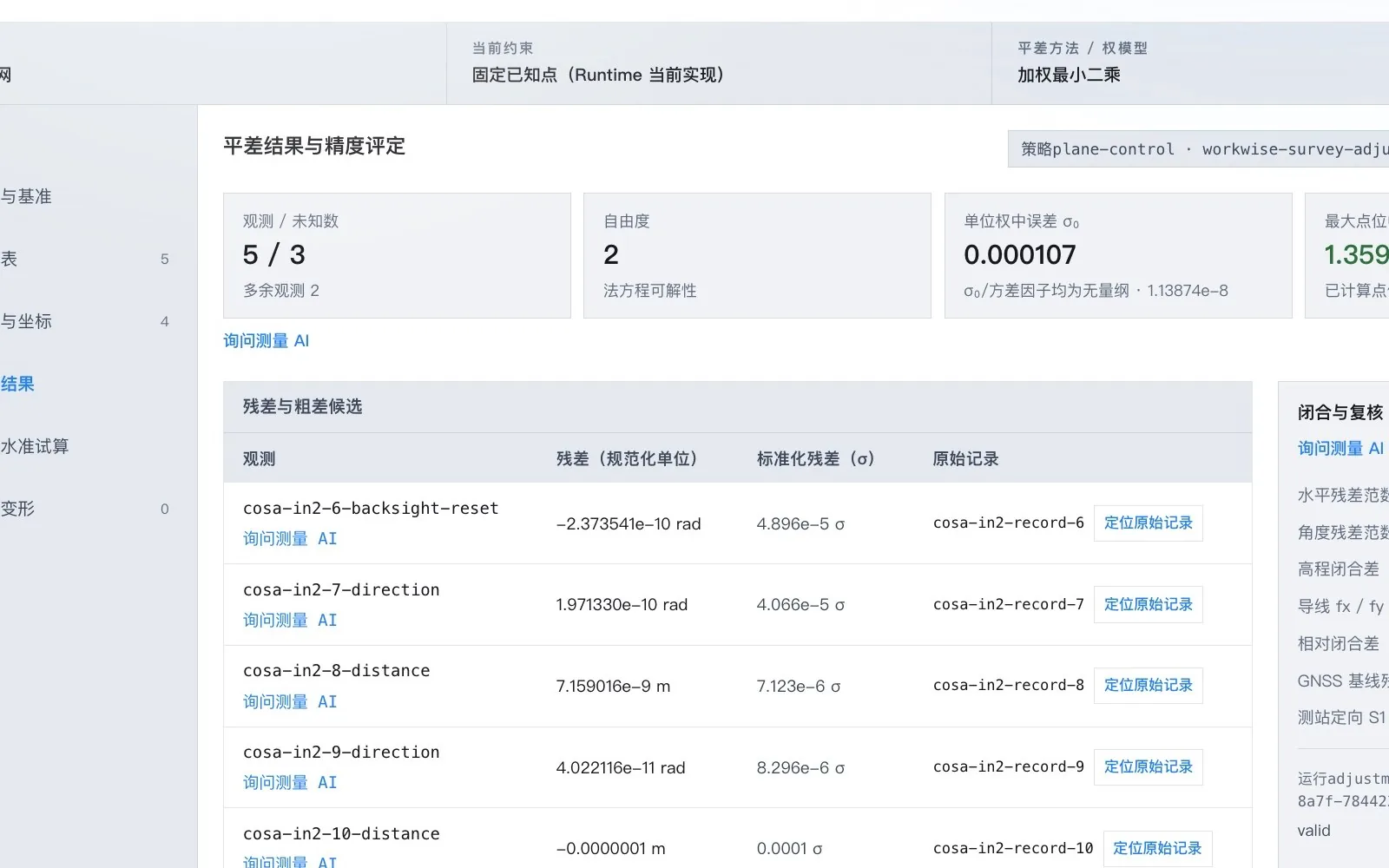 平差结果与精度评定面板，含观测与未知数、自由度、单位权中误差、残差与粗差探测